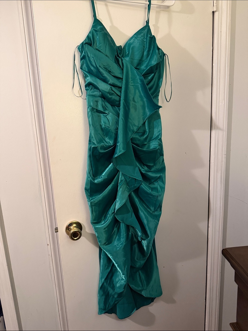 Green Satin Ruffled Slip Dress